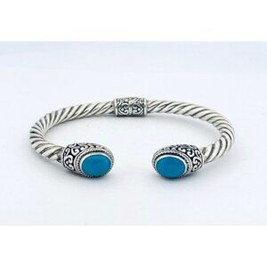 Estate Sterling Silver 925 Turquoise Hinged Cable Cuff Bracelet 6.5” 20.4g